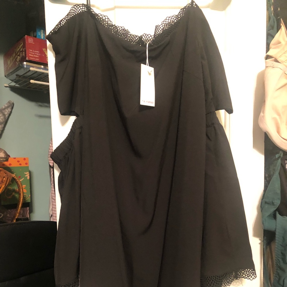 Beautiful bell sleeve black above the knee dress with lace neck. Large NWT